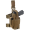 The Condor Tornado Tactical Leg Holster - Left Hand in coyote brown securely holds a black pistol and features adjustable straps, buckles, pouches, and a reliable retention system.