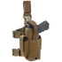 The Condor Tornado Tactical Leg Holster - Left Hand in coyote brown securely holds a black pistol and features adjustable straps, buckles, pouches, and a reliable retention system.