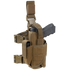 The Condor Tornado Tactical Leg Holster - Left Hand in coyote brown securely holds a black pistol and features adjustable straps, buckles, pouches, and a reliable retention system.