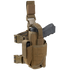 The Condor Tornado Tactical Leg Holster - Left Hand in coyote brown securely holds a black pistol and features adjustable straps, buckles, pouches, and a reliable retention system.