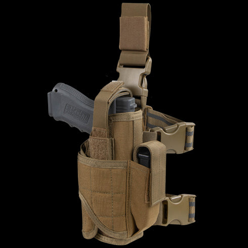 The Condor Tornado Tactical Leg Holster is a tan thigh holster for a handgun and magazine, featuring adjustable straps, buckles, and MOLLE webbing.