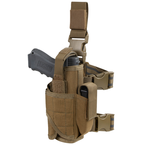 The Condor Tornado Tactical Leg Holster in tan holds a training pistol and magazine, featuring adjustable straps and buckle closures.