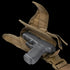 A Condor Tornado Tactical Leg Holster - Left Hand in tan, shown with its flap open and strap retention system securing a partially inserted black handgun.