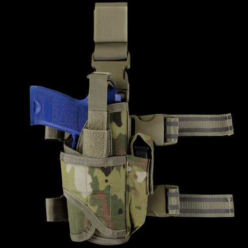 The Condor Tornado Tactical Leg Holster in Scorpion OCP holds a blue training pistol and has adjustable straps for secure attachment to your thigh and belt.