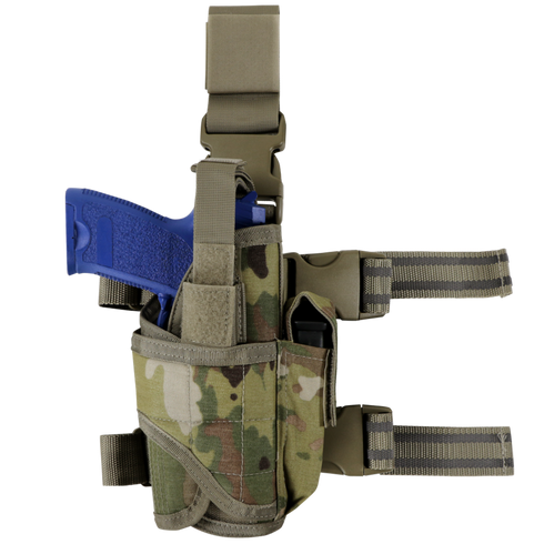The Condor Tornado Tactical Leg Holster in Scorpion OCP holds a blue training pistol and has adjustable straps for secure attachment to your thigh and belt.