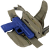 A blue training pistol is placed inside an open Condor Tornado Tactical Leg Holster - Scorpion OCP, featuring khaki camouflage and adjustable straps.