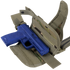 A blue training pistol is placed inside an open Condor Tornado Tactical Leg Holster - Scorpion OCP, featuring khaki camouflage and adjustable straps.