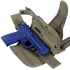A blue training pistol is placed inside an open Condor Tornado Tactical Leg Holster - Scorpion OCP, featuring khaki camouflage and adjustable straps.