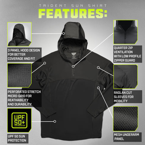 The Condor Trident Sun Shirt is shown in black, featuring UPF 50+ protection, a hood, mesh underarm panels, a quarter zip design, perforated micro-grid fabric, and raglan sleeves for enhanced mobility.