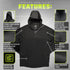 The Condor Trident Sun Shirt is shown in black, featuring UPF 50+ protection, a hood, mesh underarm panels, a quarter zip design, perforated micro-grid fabric, and raglan sleeves for enhanced mobility.