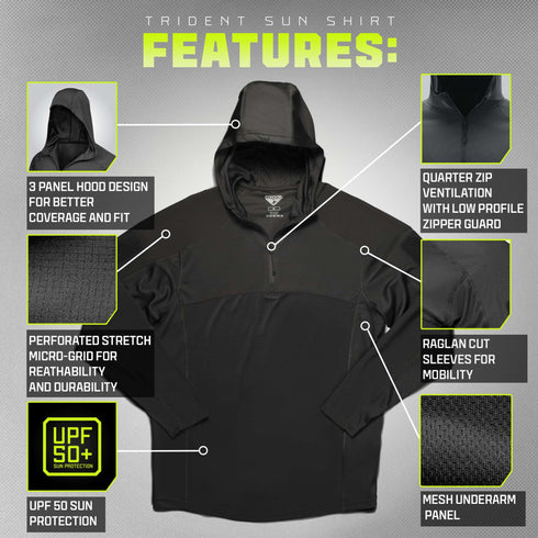 The Condor Trident Sun Shirt is a black hooded top featuring a 3-panel hood, quarter zip, raglan sleeves, mesh underarm panels, micro-grid fabric, and UPF 50+ sun protection.