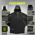 The Condor Trident Sun Shirt is a black hooded top featuring a 3-panel hood, quarter zip, raglan sleeves, mesh underarm panels, micro-grid fabric, and UPF 50+ sun protection.