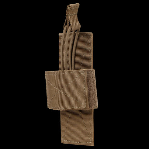 The Condor Universal Holster is a tan tactical nylon pouch with hook-and-loop closure and elastic bands, ideal for bushcraft or EDC use when carrying small equipment or tools.