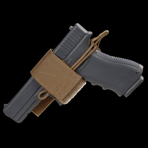 The Condor Universal Holster, a black pistol holder secured with a tan strap and cord for a tactical look, is displayed against a white background.