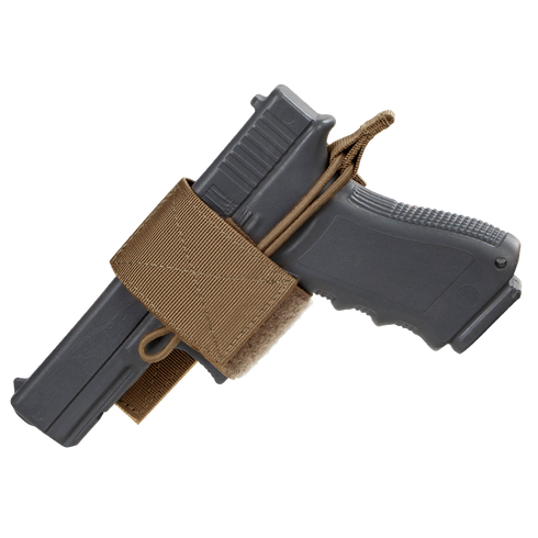 The Condor Universal Holster, a black pistol holder secured with a tan strap and cord for a tactical look, is displayed against a white background.