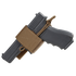 The Condor Universal Holster, a black pistol holder secured with a tan strap and cord for a tactical look, is displayed against a white background.