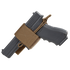 The Condor Universal Holster, a black pistol holder secured with a tan strap and cord for a tactical look, is displayed against a white background.