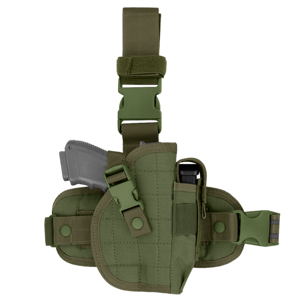 Condor Universal Leg Holster in green, equipped with a secured gray training pistol and an extra magazine pouch attached.
