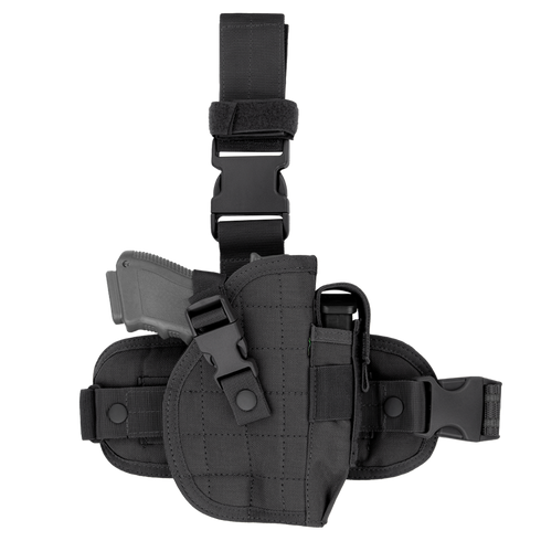 The Condor Universal Leg Holster features adjustable straps and buckle fasteners, securely holding a handgun. Shown against a white background.