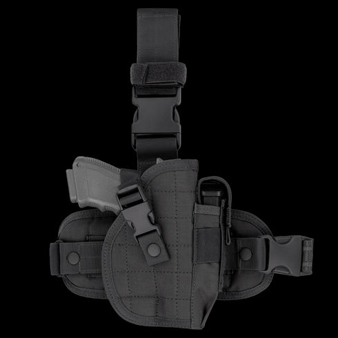 The Condor Universal Leg Holster features adjustable straps and buckle fasteners, securely holding a handgun. Shown against a white background.