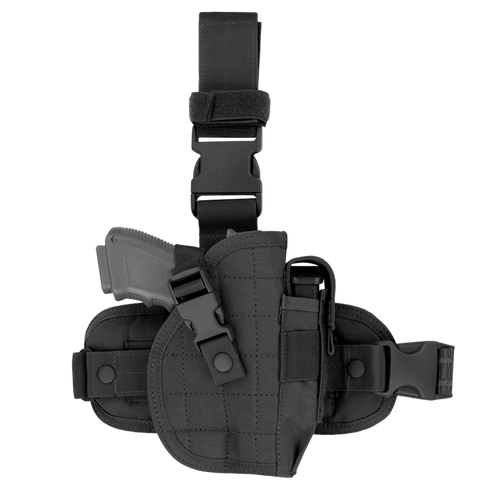 The Condor Universal Leg Holster features adjustable straps and buckle fasteners, securely holding a handgun. Shown against a white background.