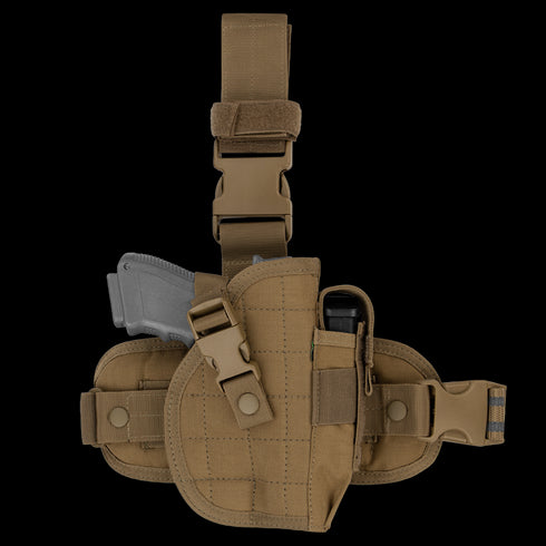 Condor Universal Leg Holster in tan, shown with a handgun and magazine inserted; features adjustable straps and snap closures.