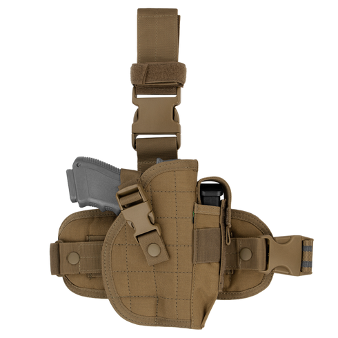 Condor Universal Leg Holster in tan, shown with a handgun and magazine inserted; features adjustable straps and snap closures.