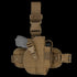 Condor Universal Leg Holster in tan, shown with a handgun and magazine inserted; features adjustable straps and snap closures.