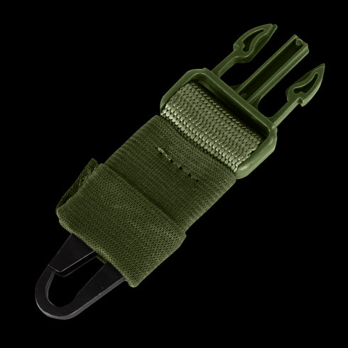 The Condor Cobra 1-Point Bungee Sling features a durable green nylon strap with plastic buckle and hook, ideal for securing or adjusting gear on backpacks or outdoor equipment.