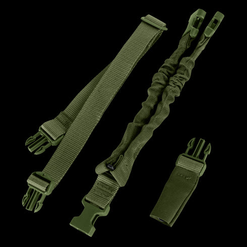 The Condor Cobra 1-Point Bungee Sling includes three olive green tactical straps: an adjustable strap, a bungee cord segment, and a smaller looped strap, all with plastic buckles.