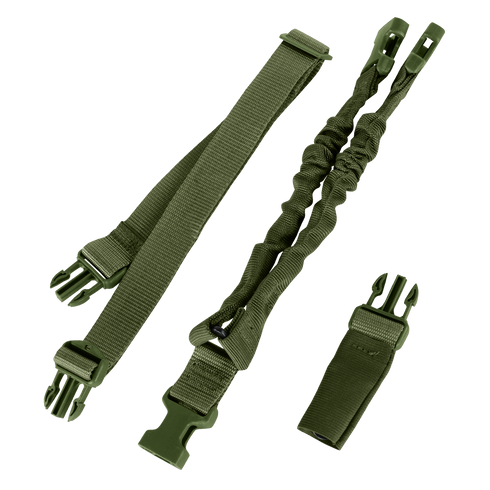 The Condor Cobra 1-Point Bungee Sling includes three olive green tactical straps: an adjustable strap, a bungee cord segment, and a smaller looped strap, all with plastic buckles.