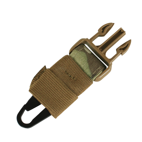 The Condor Cobra 1-Point Bungee Sling in MultiCam features a tactical brown strap, a plastic buckle, and camouflage fabric insert, ideal for military or outdoor gear.