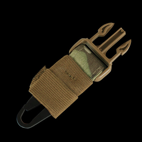 The Condor Cobra 1-Point Bungee Sling in MultiCam features a tactical brown strap, a plastic buckle, and camouflage fabric insert, ideal for military or outdoor gear.