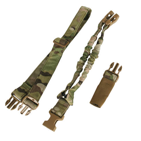 The Condor Cobra 1-Point Bungee Sling in MultiCam features tactical camouflage straps, buckles, an elastic section, and a padded cover, all arranged on a white background.