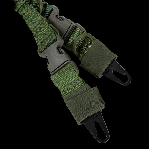 Close-up of the Condor CBT 2-Point Bungee Sling, featuring two green heavy-duty nylon straps with plastic buckles and metal clips, ideal for law enforcement or EDC, perfect for securing or carrying gear at the range.