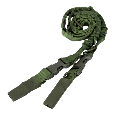 The Condor CBT 2-Point Bungee Sling is a green nylon tactical sling with adjustable straps, plastic buckles, and attachment loops, perfect for military or EDC use. Shown coiled on a white background.