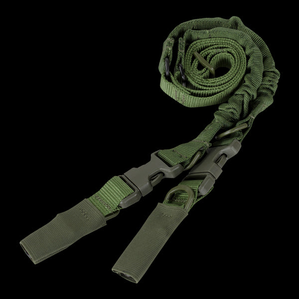 The Condor CBT 2-Point Bungee Sling is a green nylon tactical sling with adjustable straps, plastic buckles, and attachment loops, perfect for military or EDC use. Shown coiled on a white background.