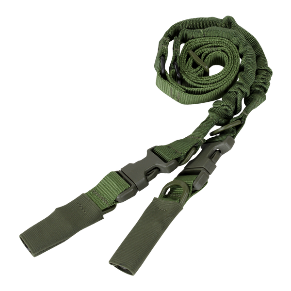 The Condor CBT 2-Point Bungee Sling is a green nylon tactical sling with adjustable straps, plastic buckles, and attachment loops, perfect for military or EDC use. Shown coiled on a white background.