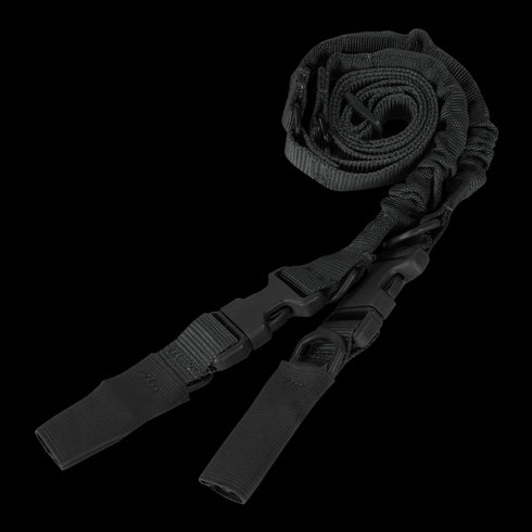The Condor CBT 2-Point Bungee Sling is a black nylon tactical rifle sling with adjustable straps and quick-release buckles, designed for law enforcement or first responders.