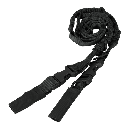 The Condor CBT 2-Point Bungee Sling is a black nylon tactical rifle sling with adjustable straps and quick-release buckles, designed for law enforcement or first responders.