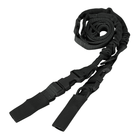 The Condor CBT 2-Point Bungee Sling is a black nylon tactical rifle sling with adjustable straps and quick-release buckles, designed for law enforcement or first responders.