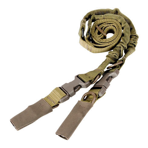 The Condor CBT 2-Point Bungee Sling, in olive green, features quick-release buckles and adjustable straps. It is shown coiled on a white background.