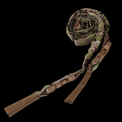 The Condor CBT 2-Point Bungee Sling in MultiCam features adjustable straps and plastic buckles, shown coiled on a white background.
