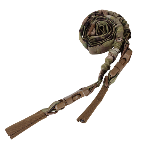 The Condor CBT 2-Point Bungee Sling in MultiCam features adjustable straps and plastic buckles, shown coiled on a white background.