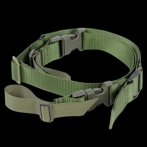 The Condor Speedy 2-Point Sling is a green adjustable nylon strap with plastic buckles and sliders, ideal for EDC or bushcraft, shown on a white background.
