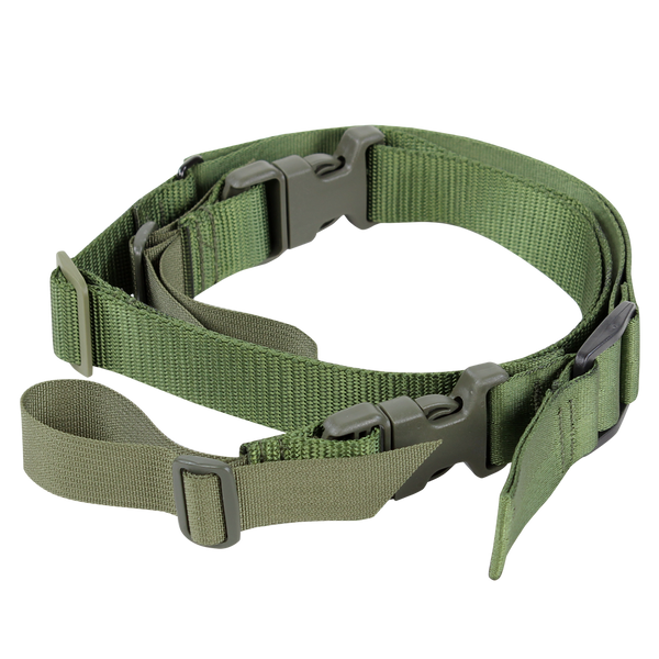 The Condor Speedy 2-Point Sling is a green adjustable nylon strap with plastic buckles and sliders, ideal for EDC or bushcraft, shown on a white background.