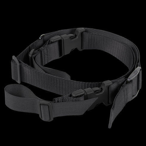 The Condor Speedy 2-Point Sling features an adjustable black nylon strap with buckles, padding, and multiple loops—perfect for EDC or the shooting range. Photographed on a white background.
