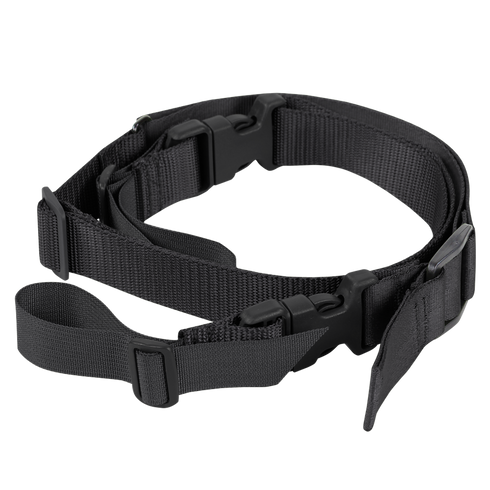 The Condor Speedy 2-Point Sling features an adjustable black nylon strap with buckles, padding, and multiple loops—perfect for EDC or the shooting range. Photographed on a white background.