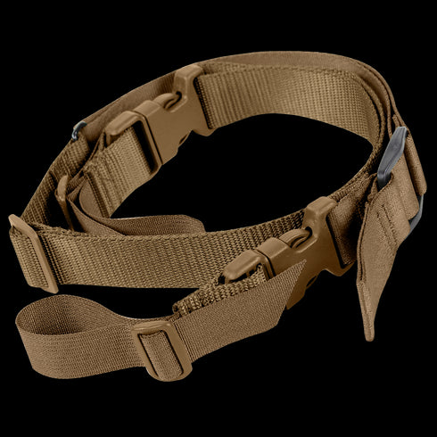 The Condor Speedy 2-Point Sling is a tan adjustable nylon tactical sling with buckles and clips, designed for secure gear carry by military or law enforcement personnel.
