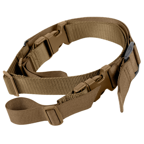 The Condor Speedy 2-Point Sling is a tan adjustable nylon tactical sling with buckles and clips, designed for secure gear carry by military or law enforcement personnel.